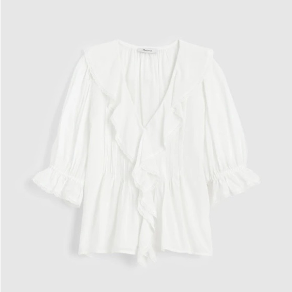 Madewell White Ruffle Front V-Neck Blouse